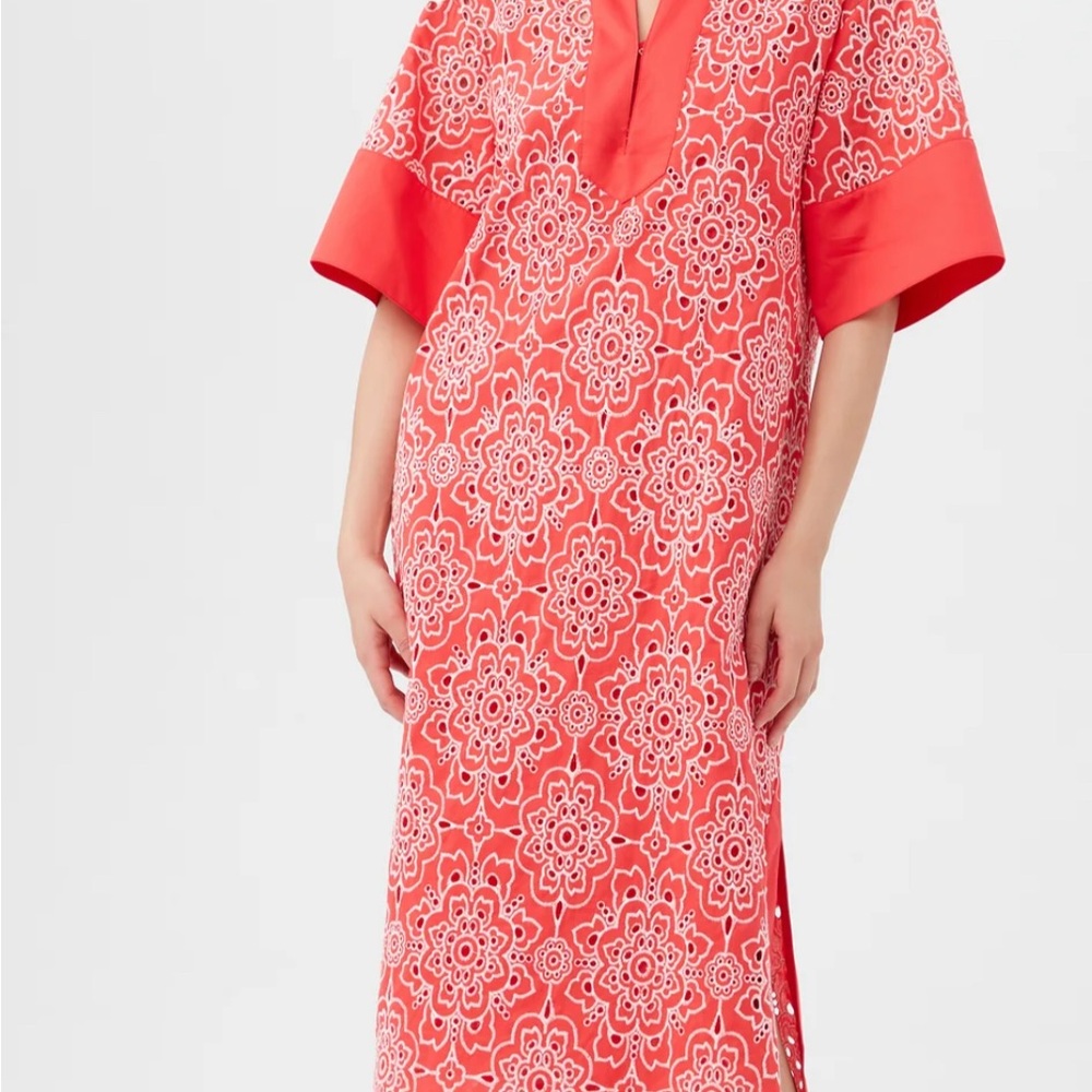 Trina Turk Coral and White Villa Cotton Eyelet Midi-Dress